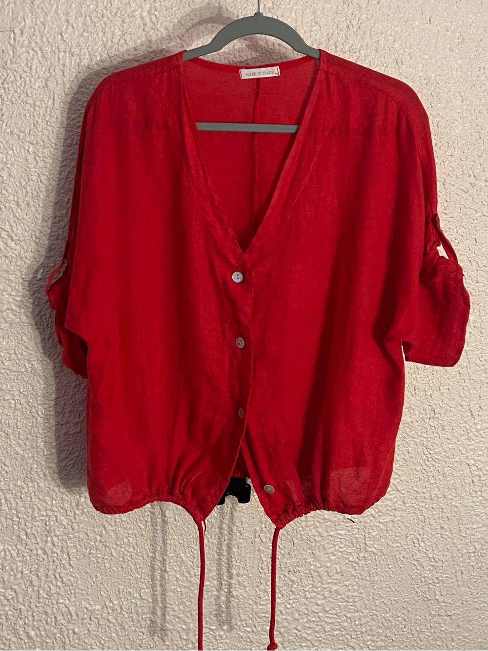 Made in Italy 100% Linen Red V-Neck Tie-Waist Button-Front Blouse One Size